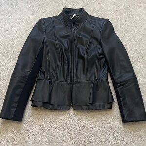 White House Black Market Black Leather Peplum Zip-Up Jacket